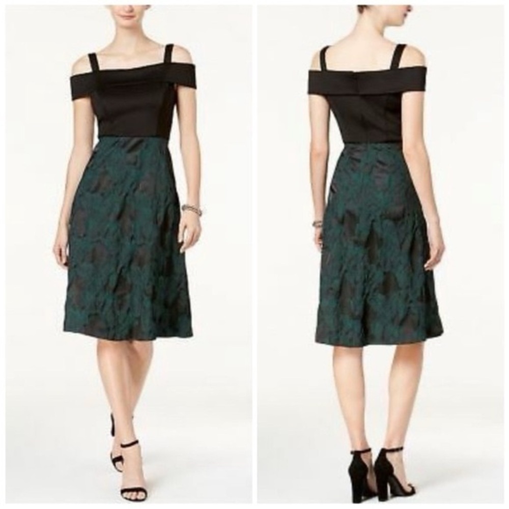 Donna Ricco Black Off-Shoulder Top with Dark Green Floral Skirt Dress